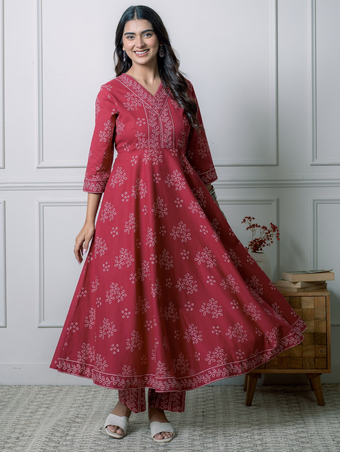 Embroidered Soft Cotton Floral Anarkali Maroon Kurta