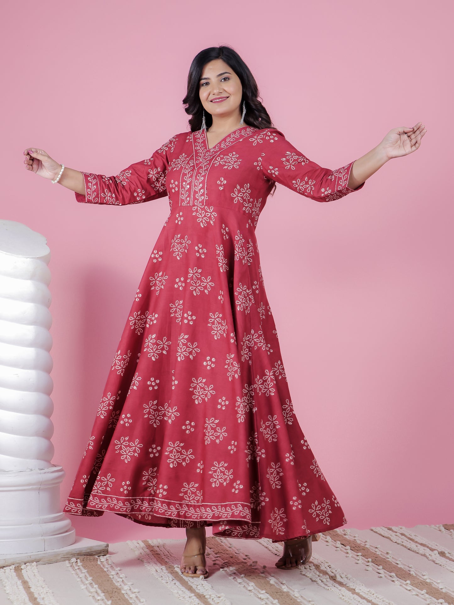 Embroidered Soft Cotton Floral Flared Maroon Kurta