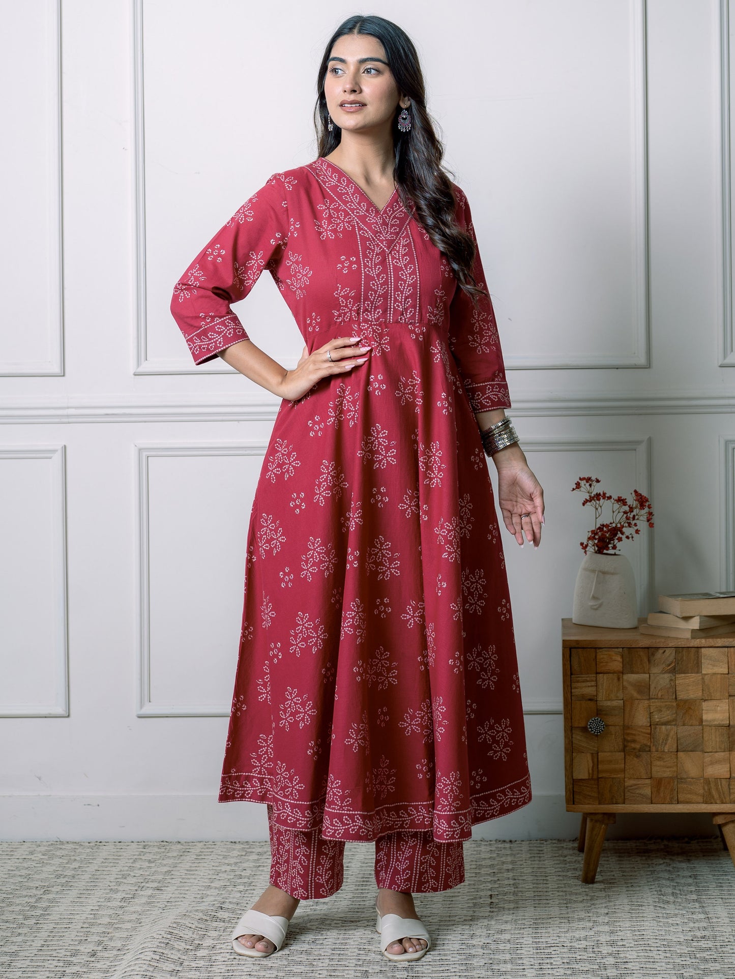Embroidered Soft Cotton Floral Anarkali Maroon Kurta