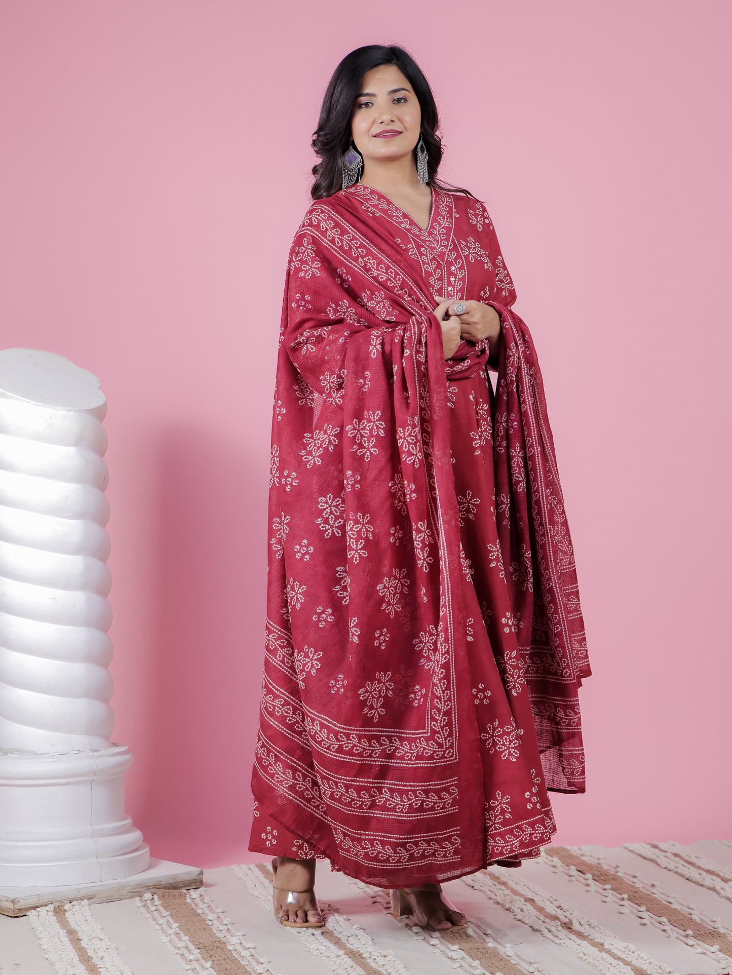 Embroidered Soft Cotton Floral Flared Maroon Kurta