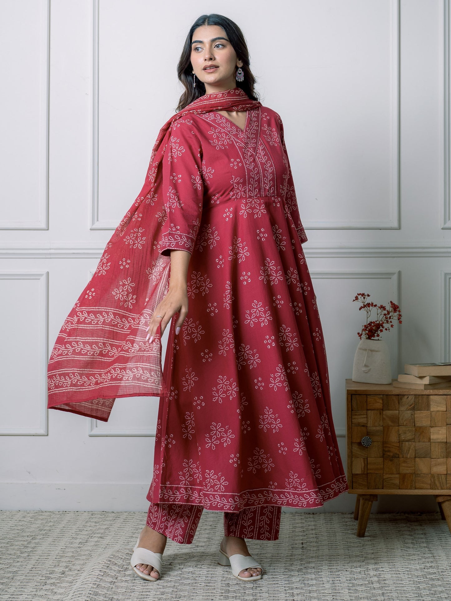 Embroidered Soft Cotton Floral Anarkali Maroon Kurta