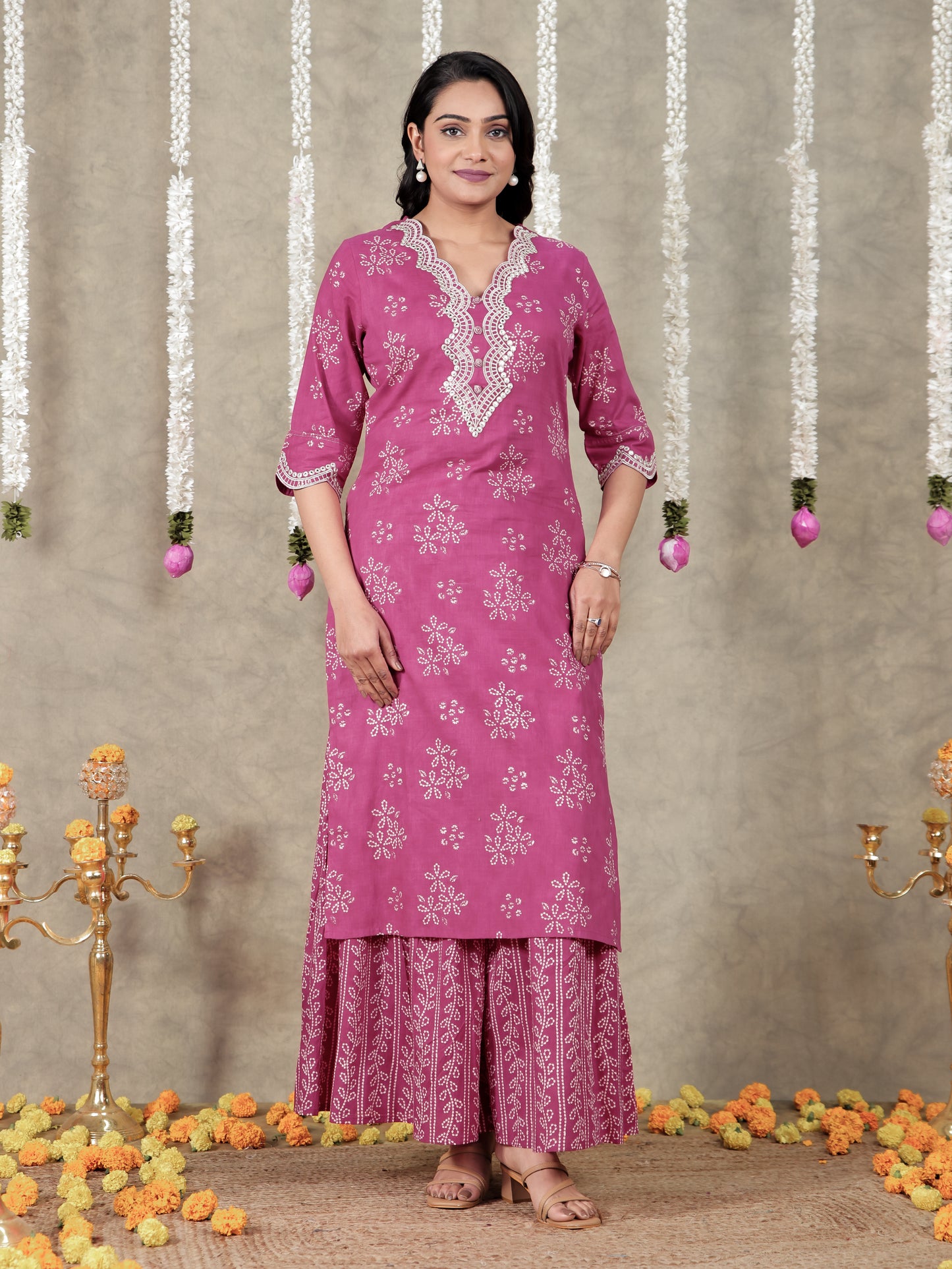 Embroidered Soft Cotton Floral Straight Pink Kurta