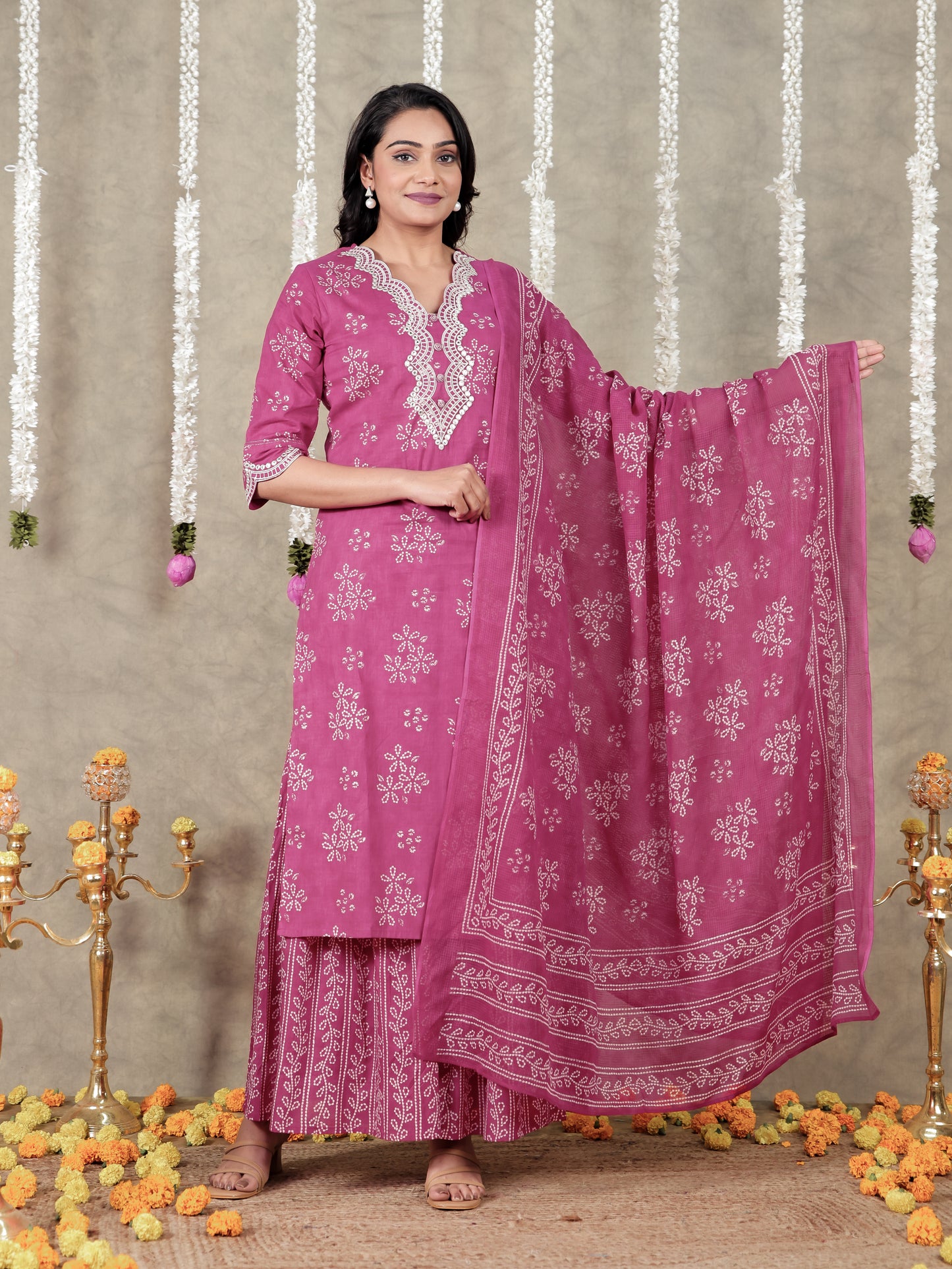 Embroidered Soft Cotton Floral Straight Pink Kurta