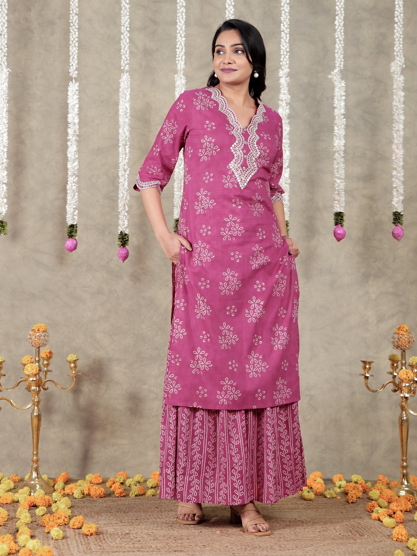 Embroidered Soft Cotton Floral Straight Pink Kurta