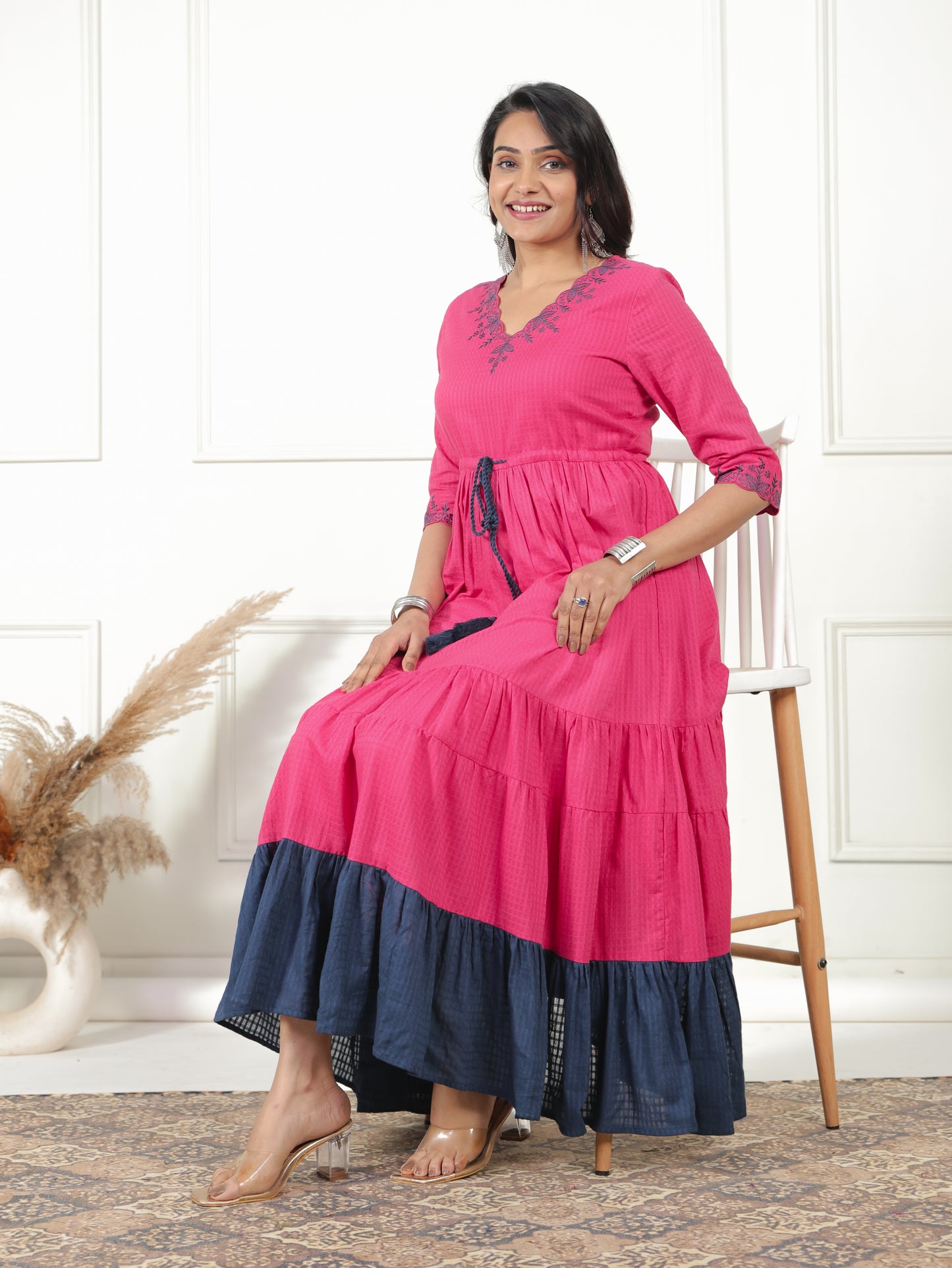 Embroidered Cotton Dobby Solid Anarkali Pink Dress