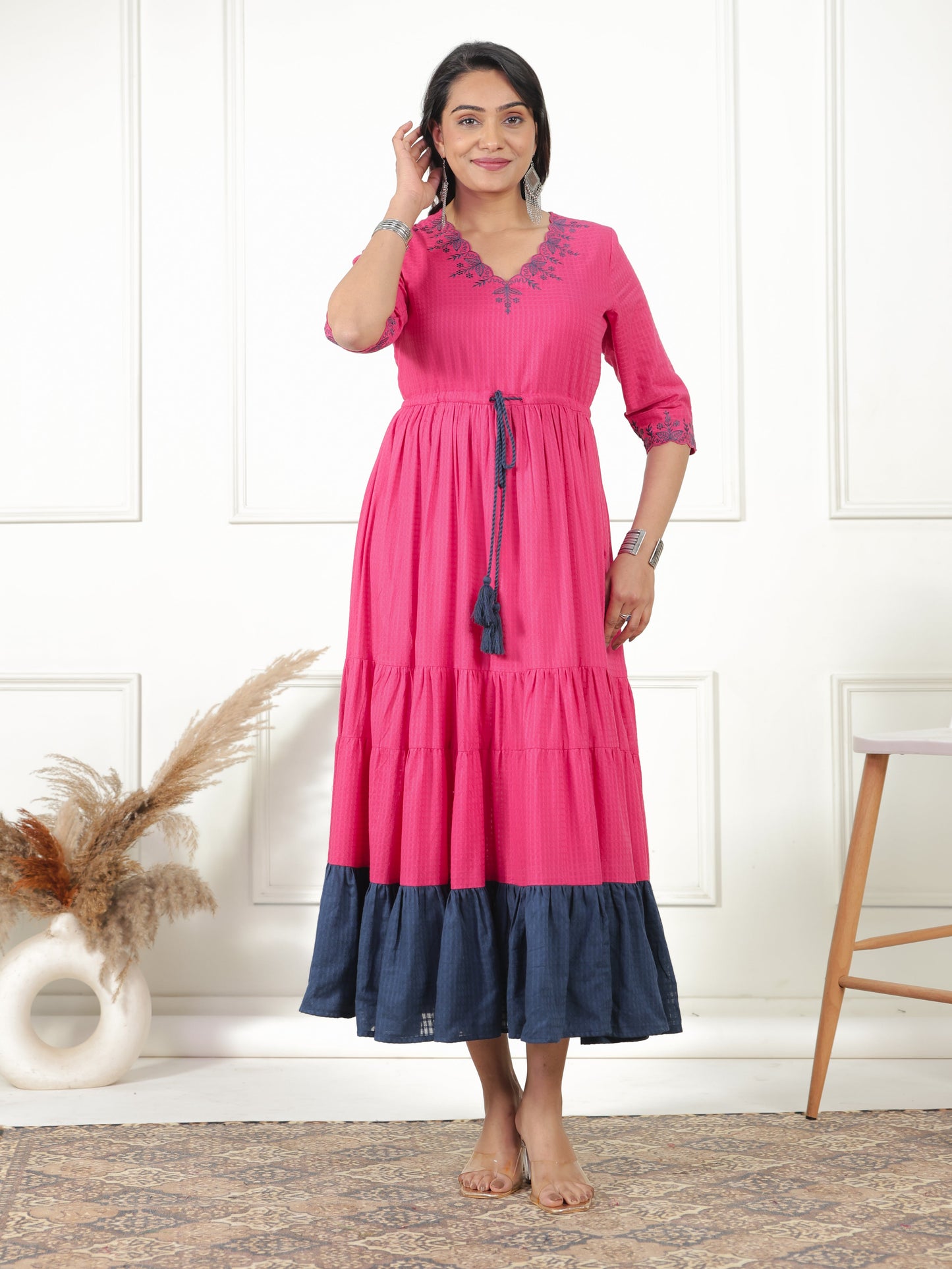 Embroidered Cotton Dobby Solid Anarkali Pink Dress