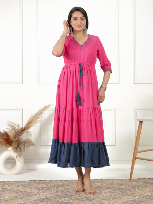 Embroidered Cotton Dobby Solid Anarkali Pink Dress