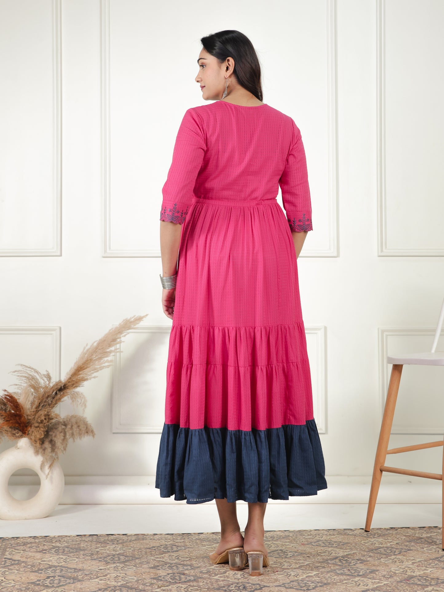 Embroidered Cotton Dobby Solid Anarkali Pink Dress