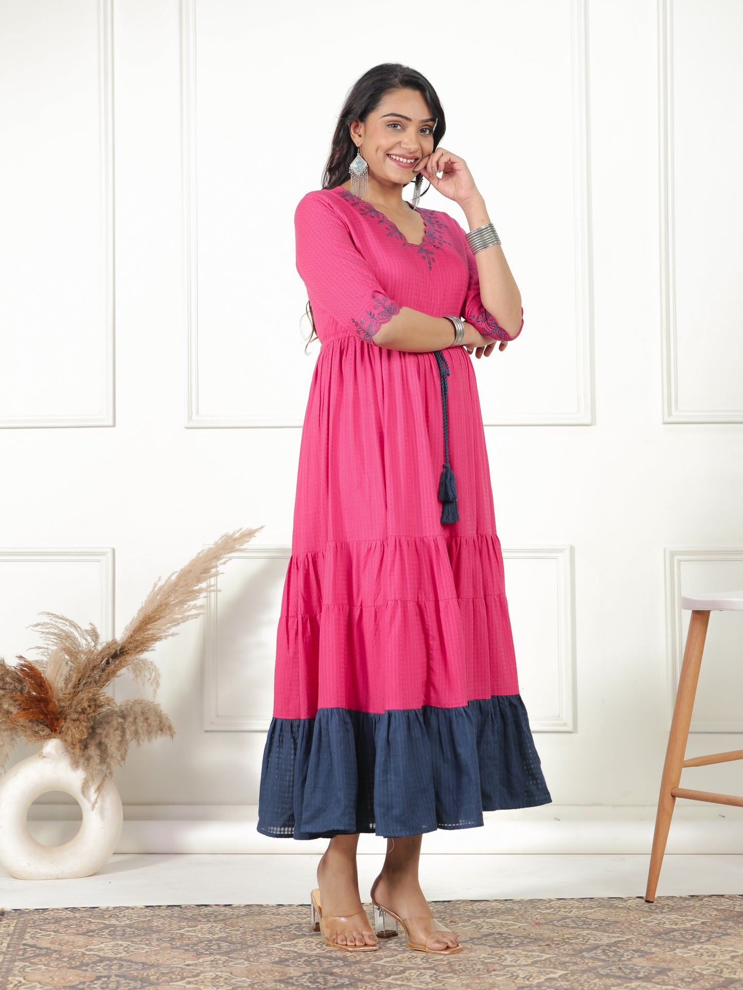 Embroidered Cotton Dobby Solid Anarkali Pink Dress