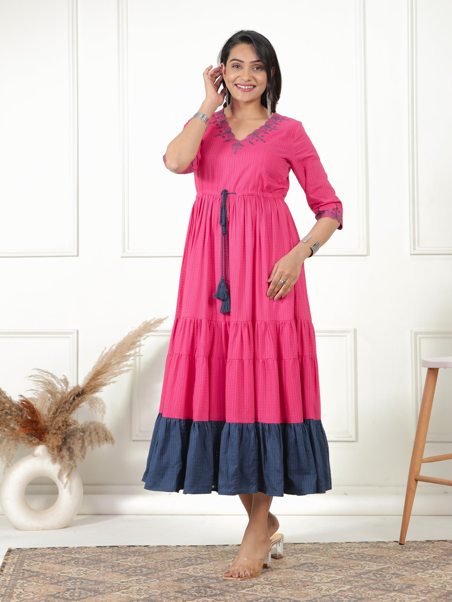 Embroidered Cotton Dobby Solid Anarkali Pink Dress