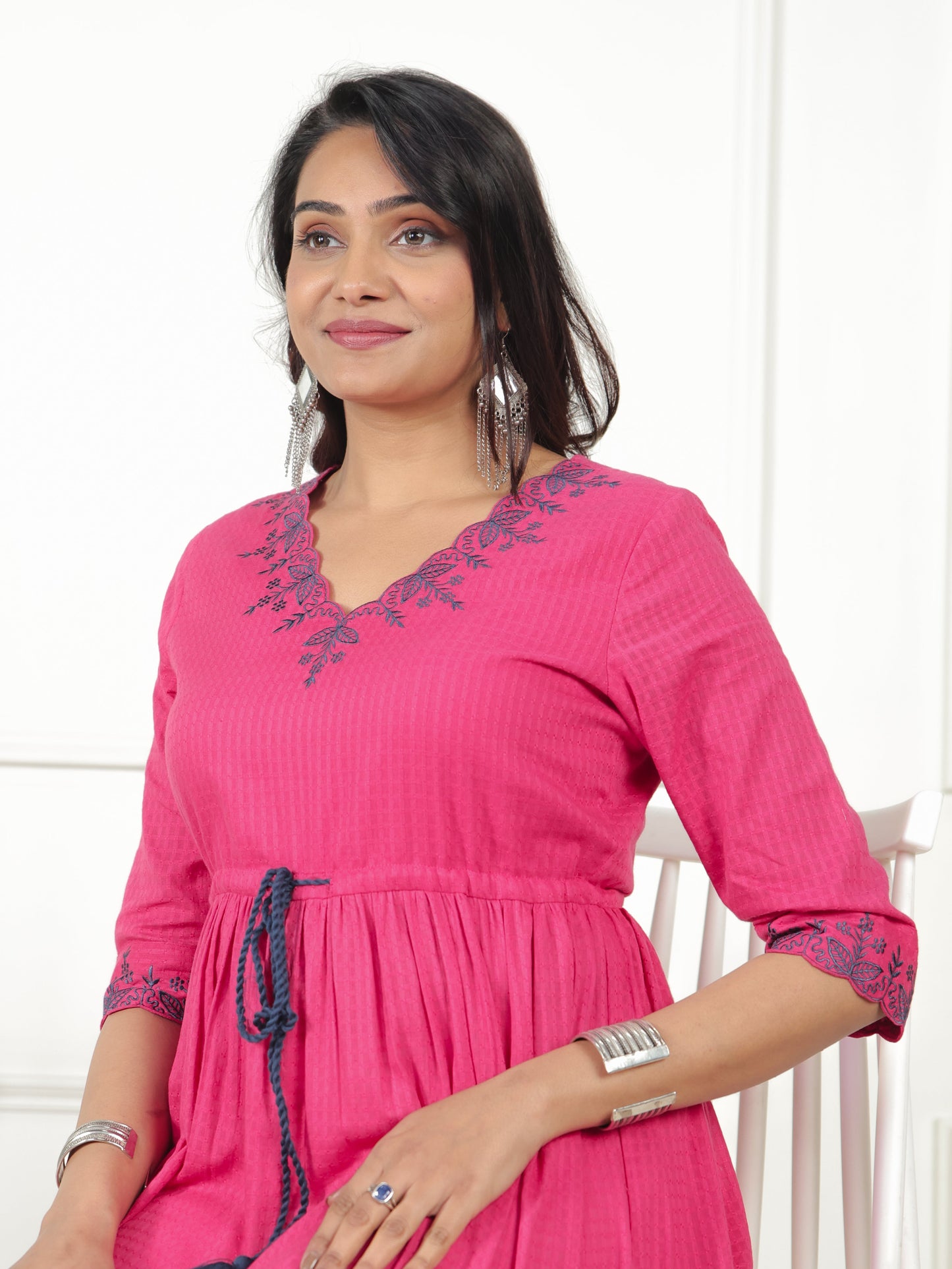 Embroidered Cotton Dobby Solid Anarkali Pink Dress
