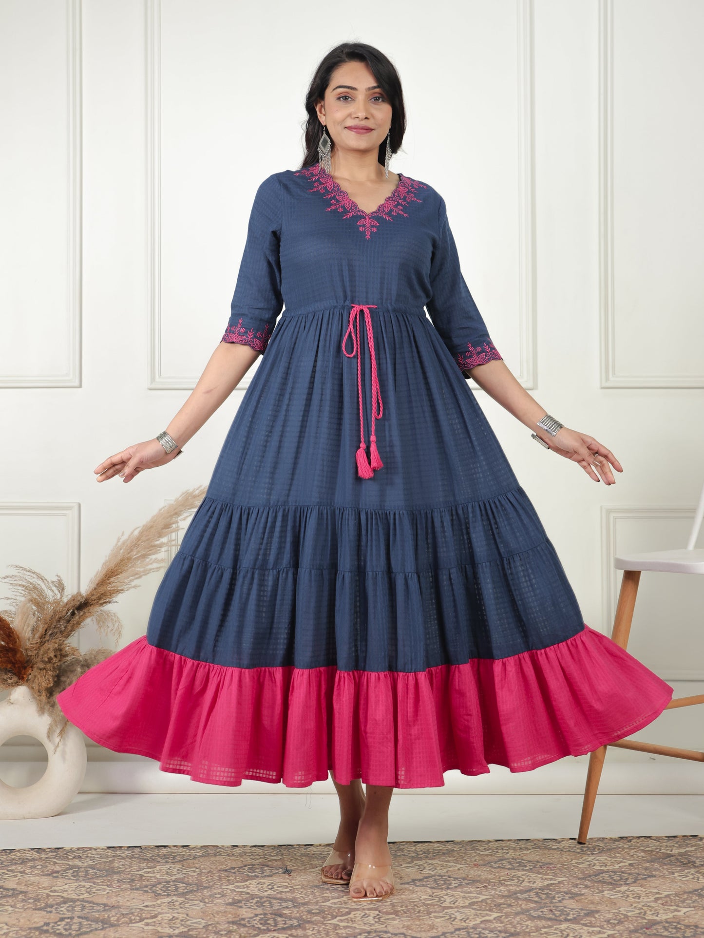 Embroidered Cotton Dobby Solid Anarkali Navy Blue Dress