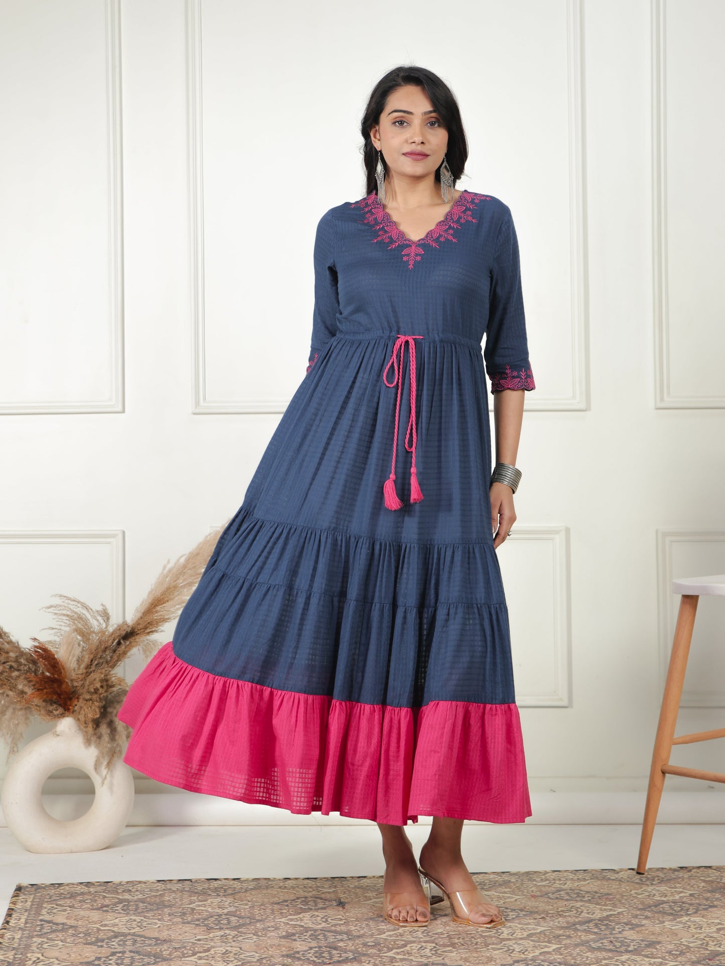 Embroidered Cotton Dobby Solid Anarkali Navy Blue Dress