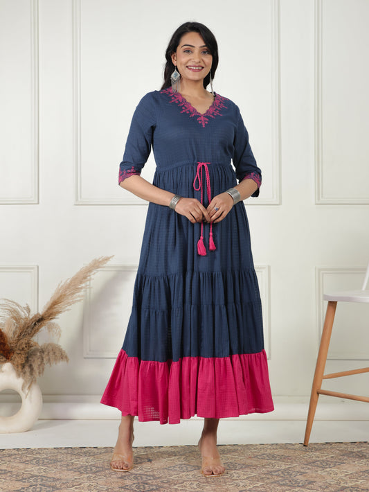 Embroidered Cotton Dobby Solid Anarkali Navy Blue Dress