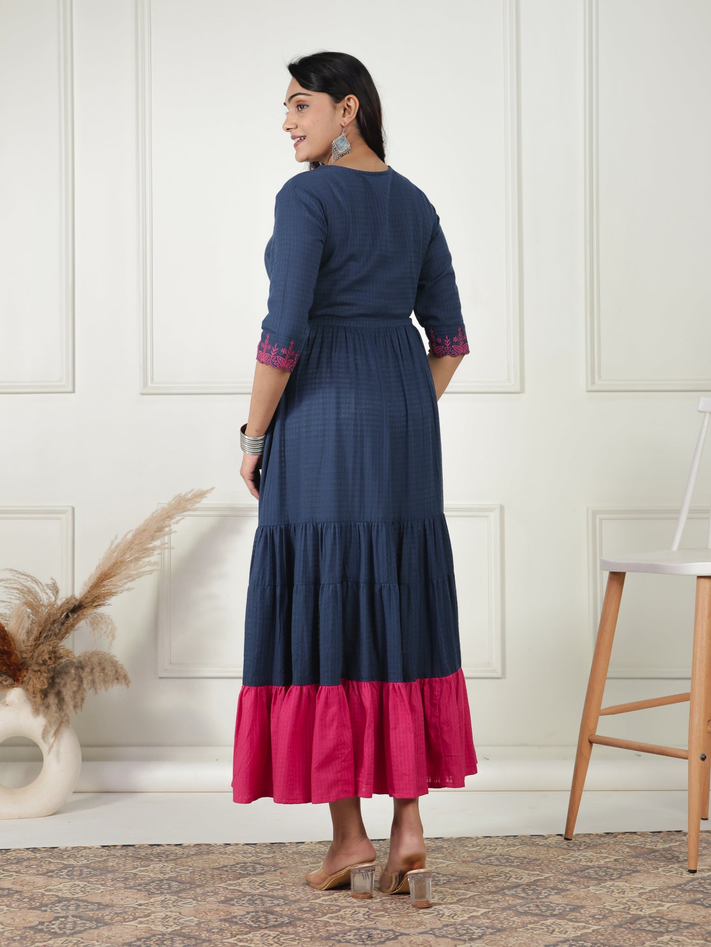 Embroidered Cotton Dobby Solid Anarkali Navy Blue Dress