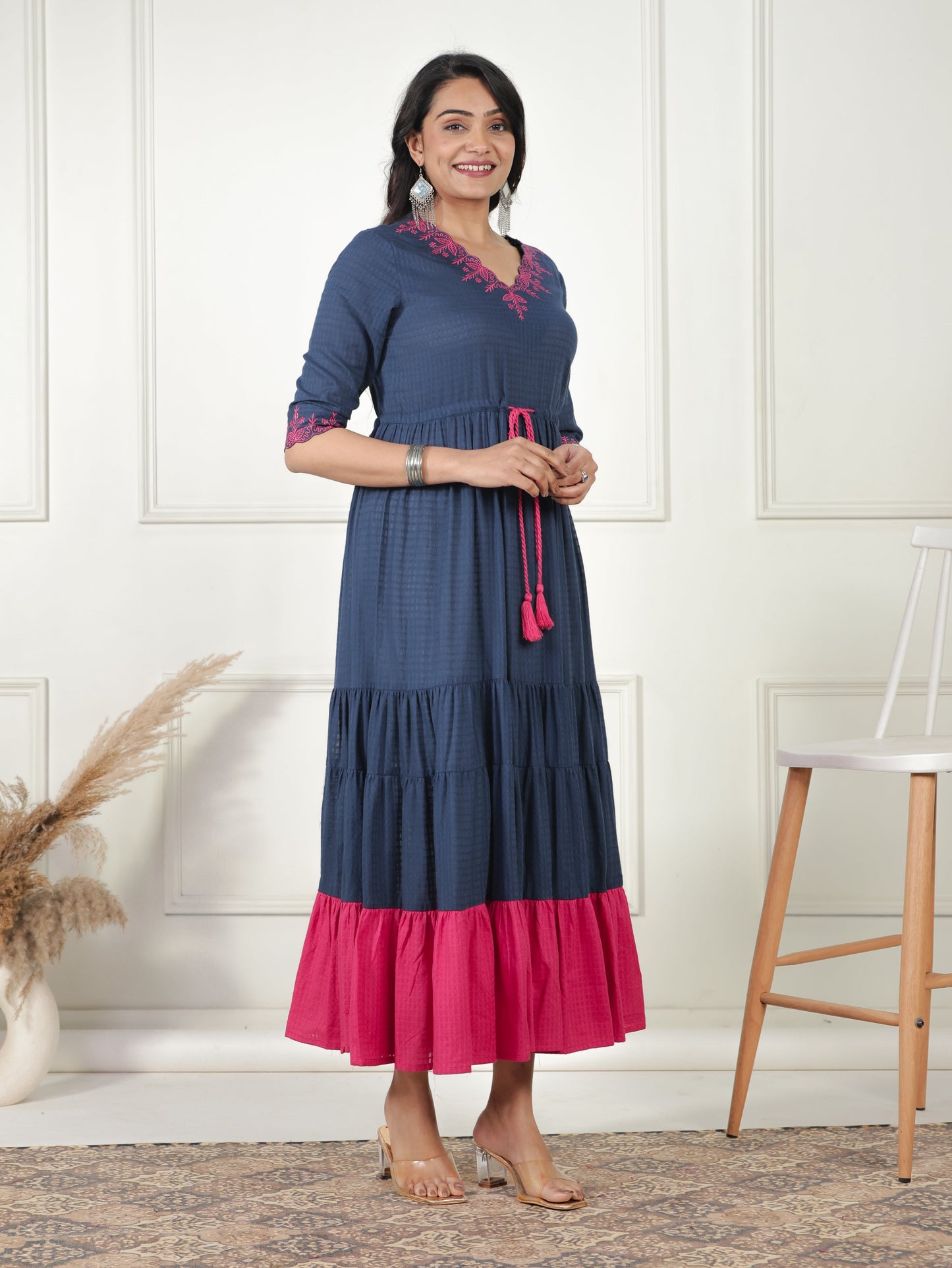 Embroidered Cotton Dobby Solid Anarkali Navy Blue Dress