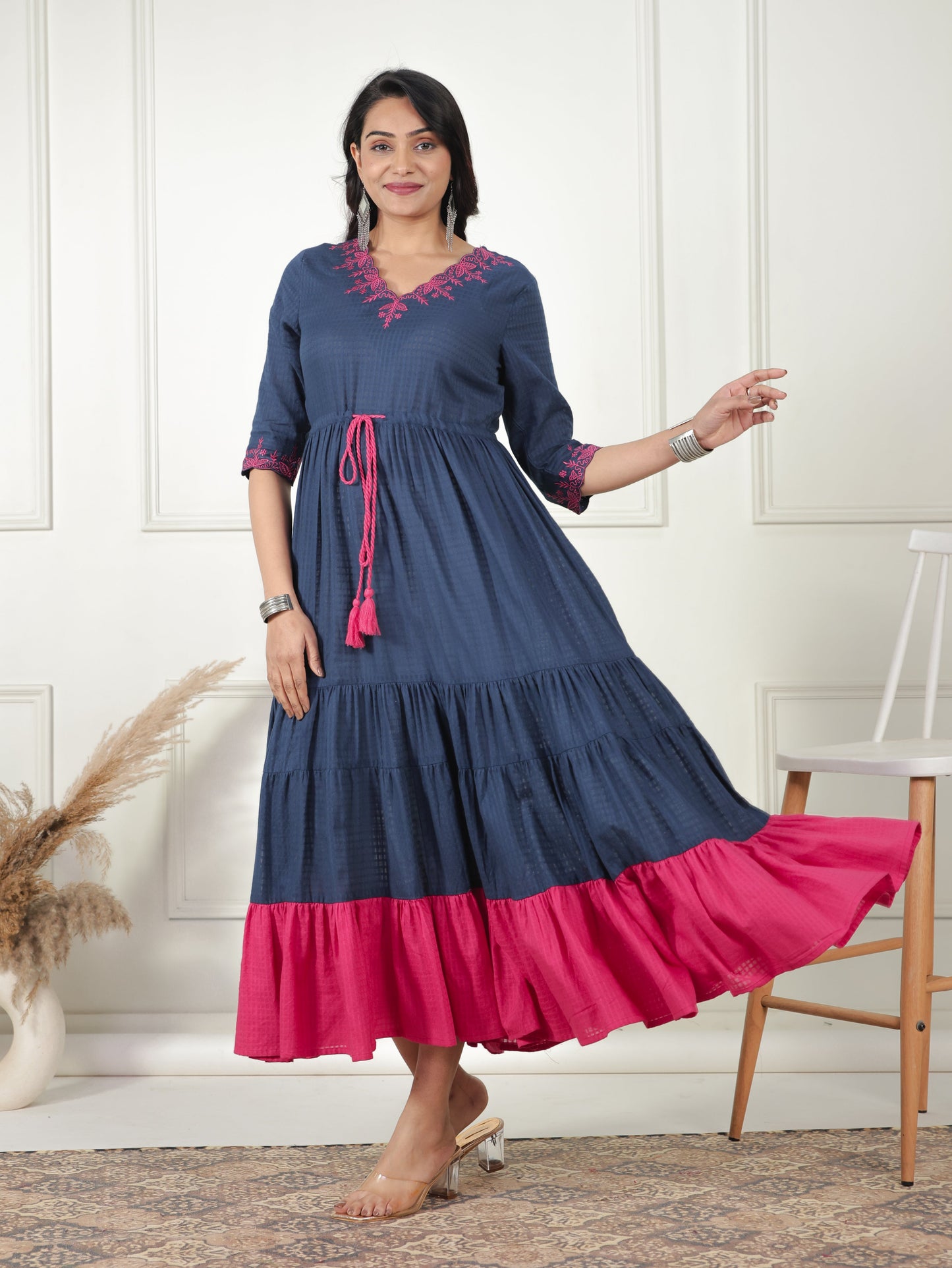 Embroidered Cotton Dobby Solid Anarkali Navy Blue Dress