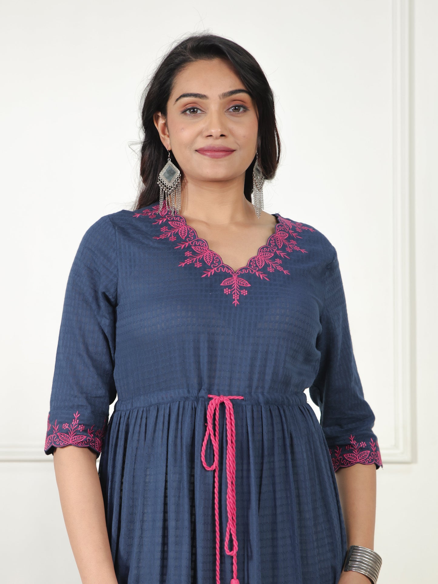 Embroidered Cotton Dobby Solid Anarkali Navy Blue Dress
