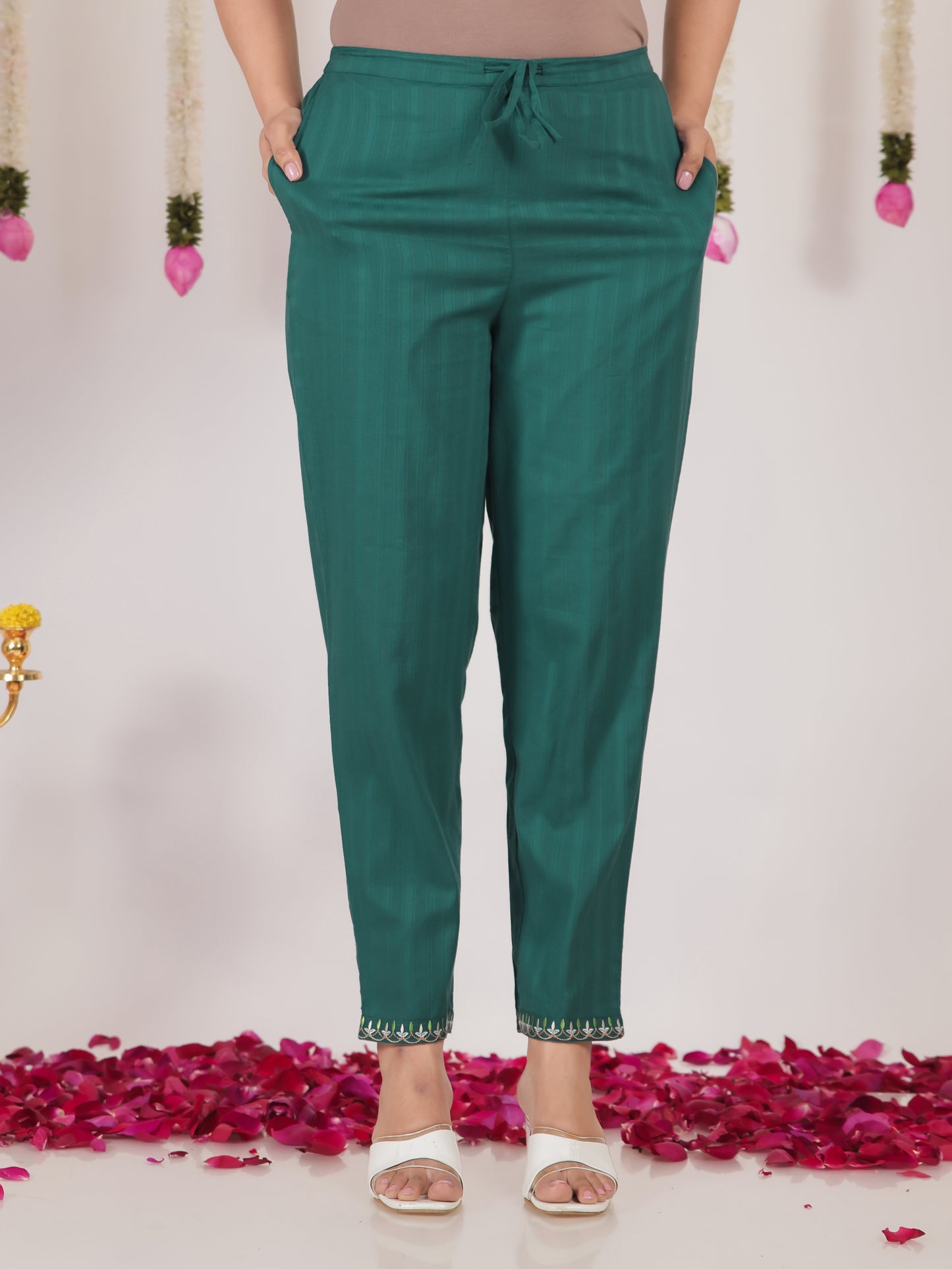 Soft Cotton Solid Green Tapered Trousers
