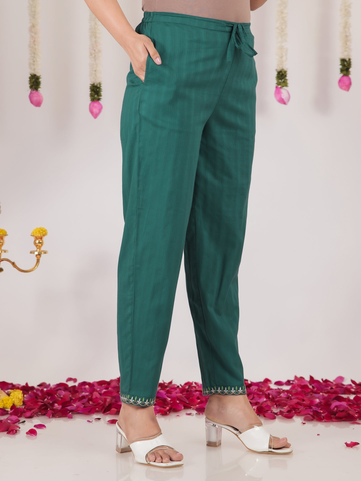 Soft Cotton Solid Green Tapered Trousers
