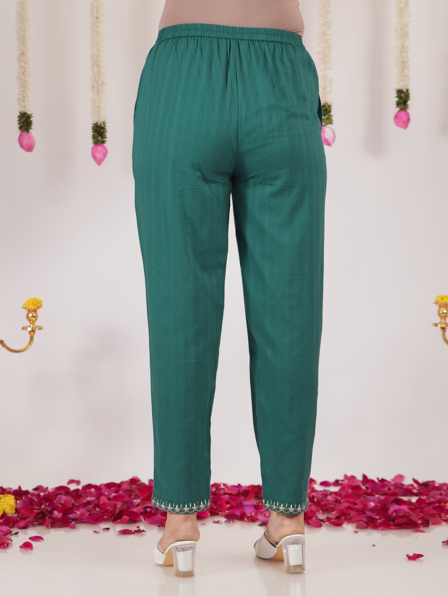Soft Cotton Solid Green Tapered Trousers