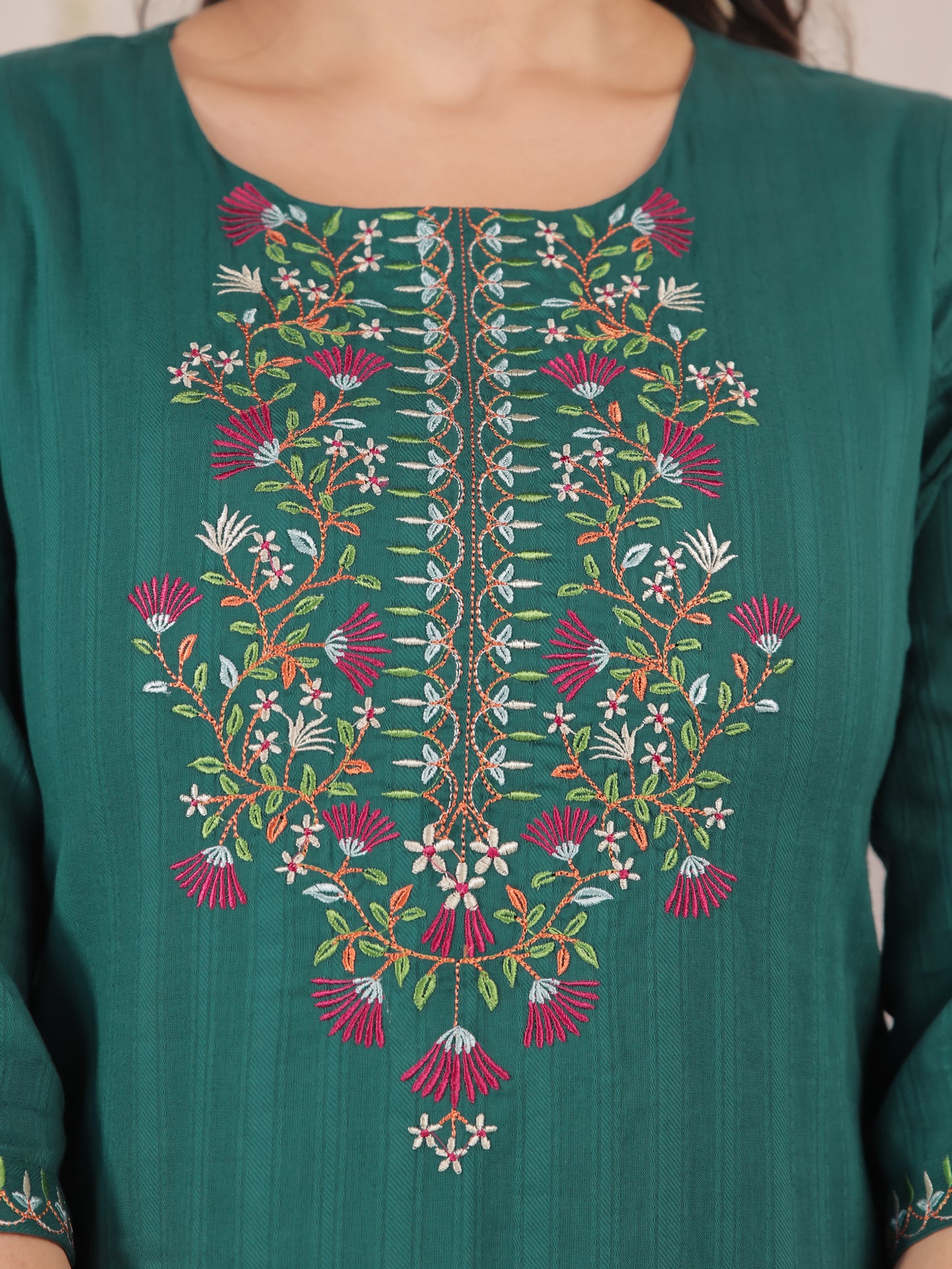 Embroidered Cotton Dobby Solid Straight Green Kurta