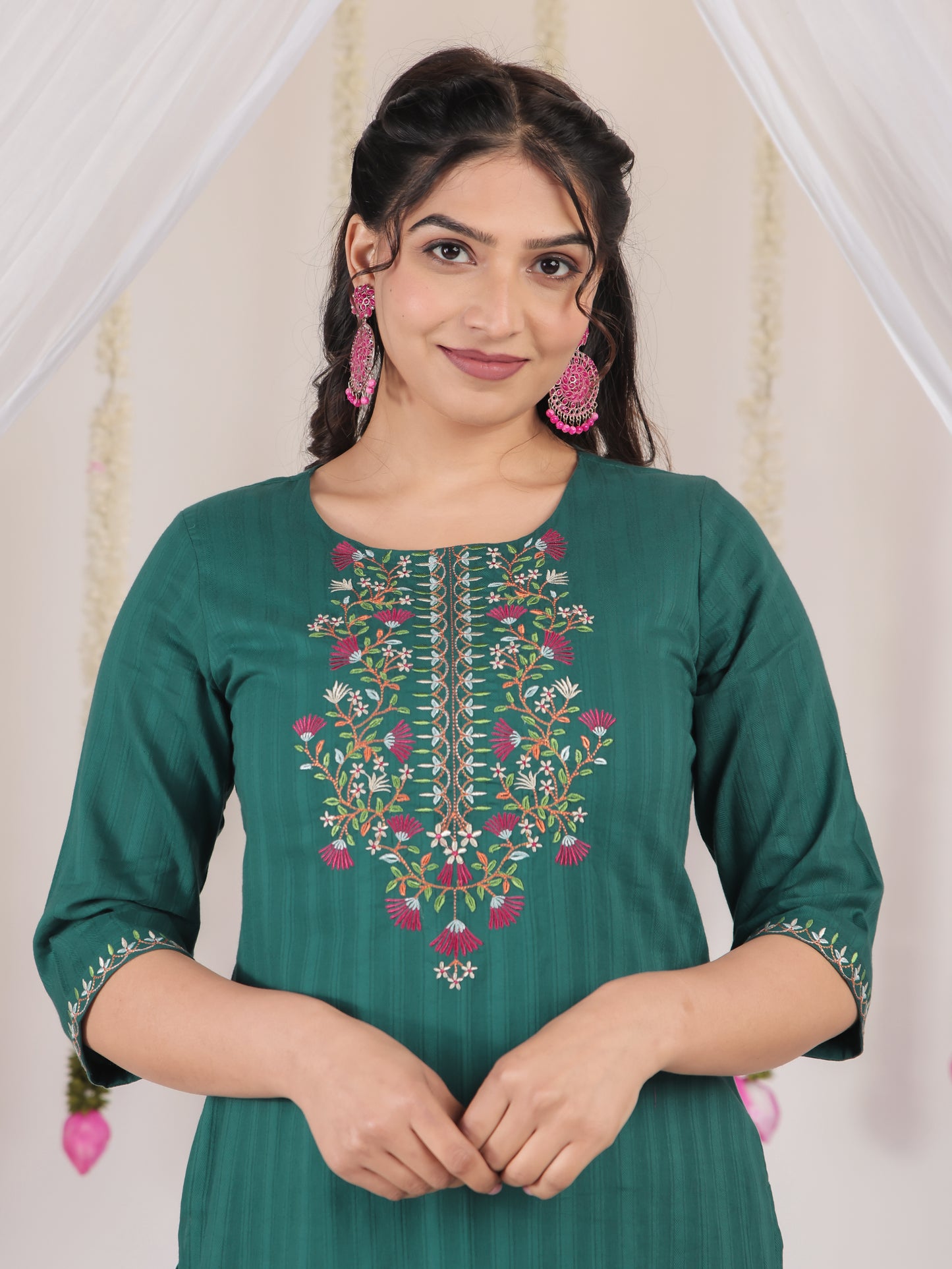 Embroidered Cotton Dobby Solid Straight Green Kurta
