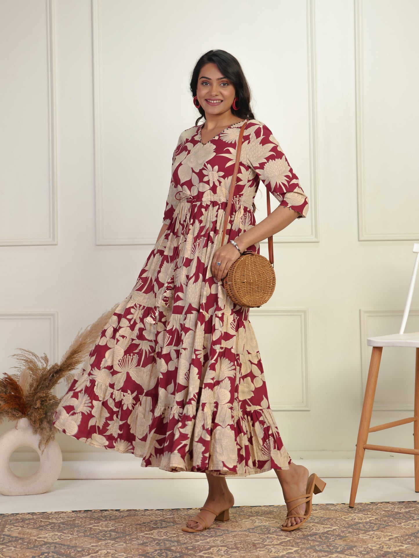 Embroidered Soft Cotton Floral Tiered Maroon Dress