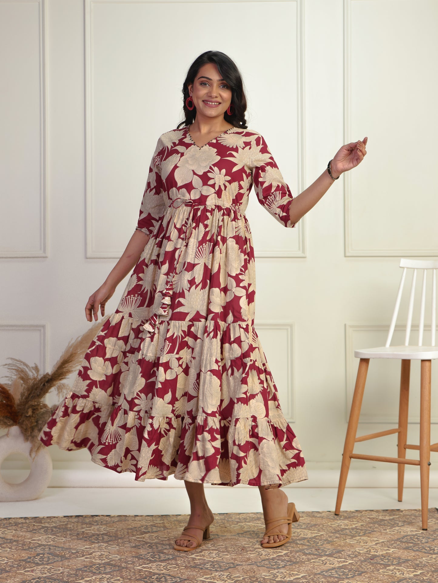 Embroidered Soft Cotton Floral Tiered Maroon Dress