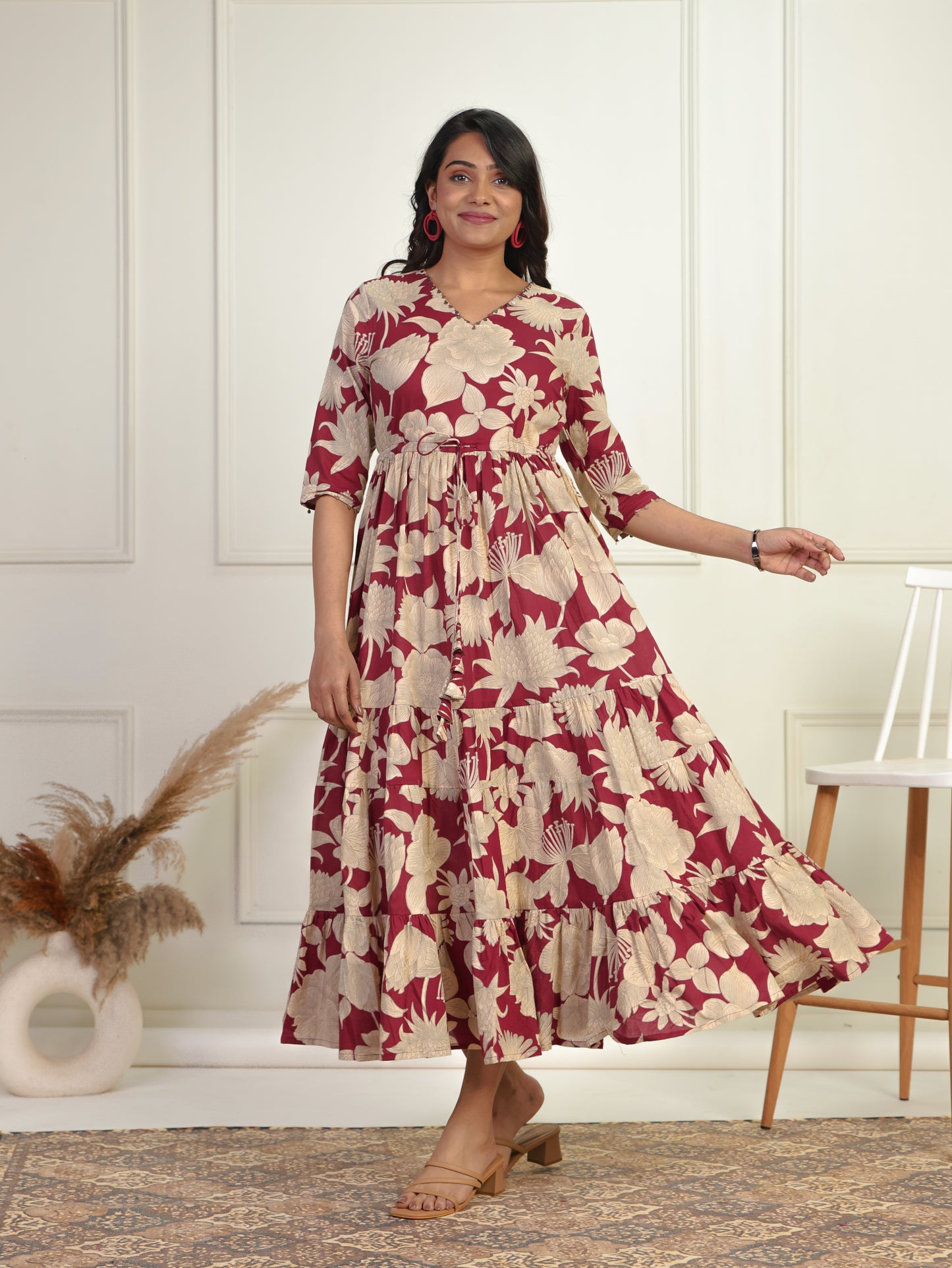 Embroidered Soft Cotton Floral Tiered Maroon Dress