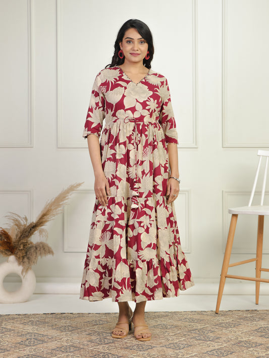 Soft Cotton Floral Tiered Maroon Dress