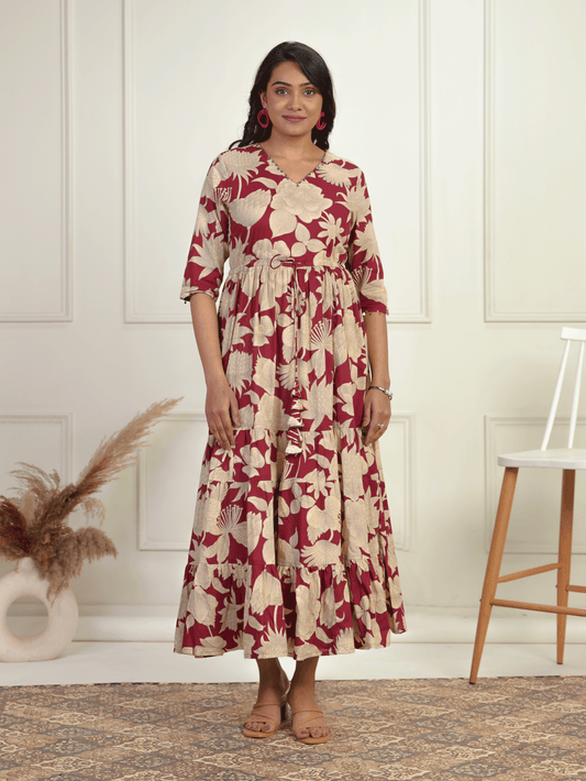Embroidered Soft Cotton Floral Tiered Maroon Dress