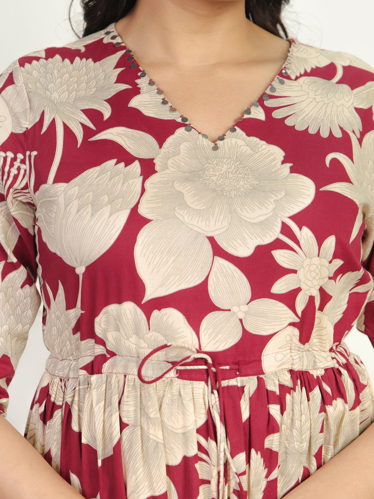 Soft Cotton Floral Tiered Maroon Dress