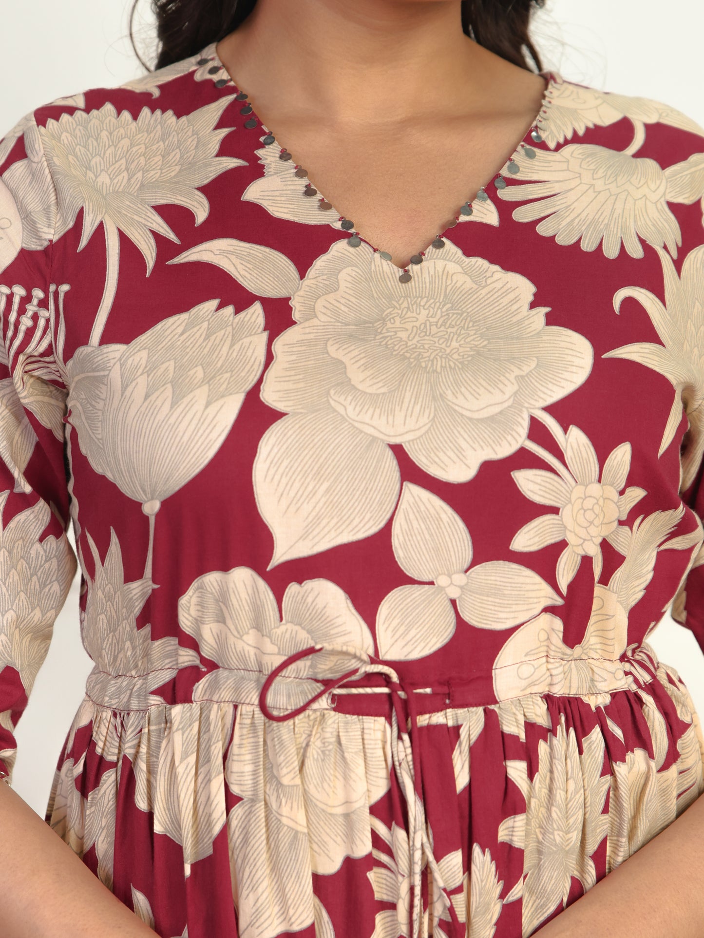Embroidered Soft Cotton Floral Tiered Maroon Dress