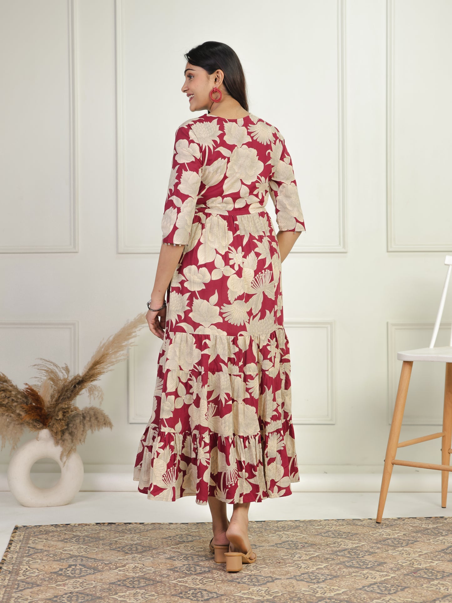 Soft Cotton Floral Tiered Maroon Dress