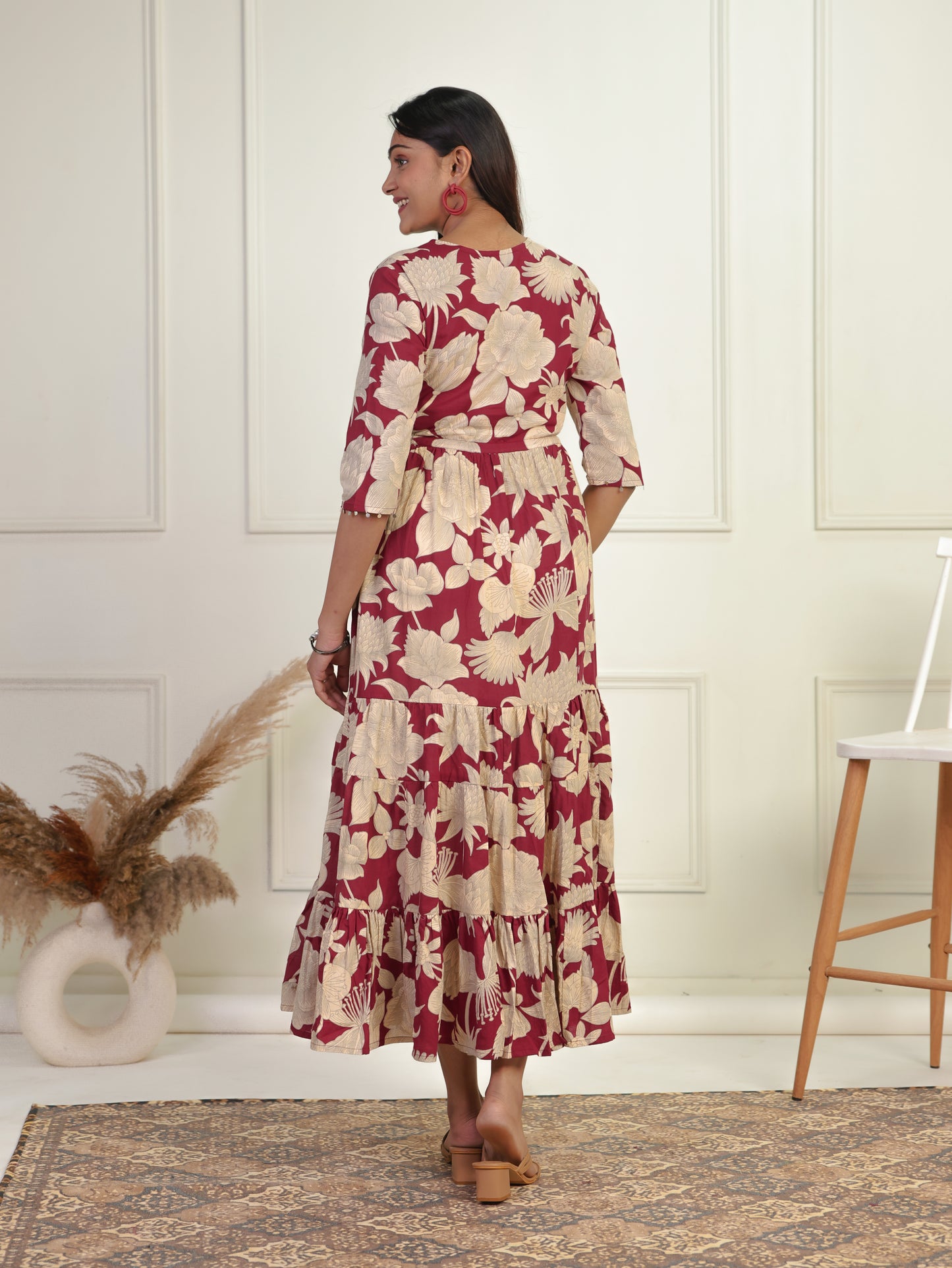 Embroidered Soft Cotton Floral Tiered Maroon Dress