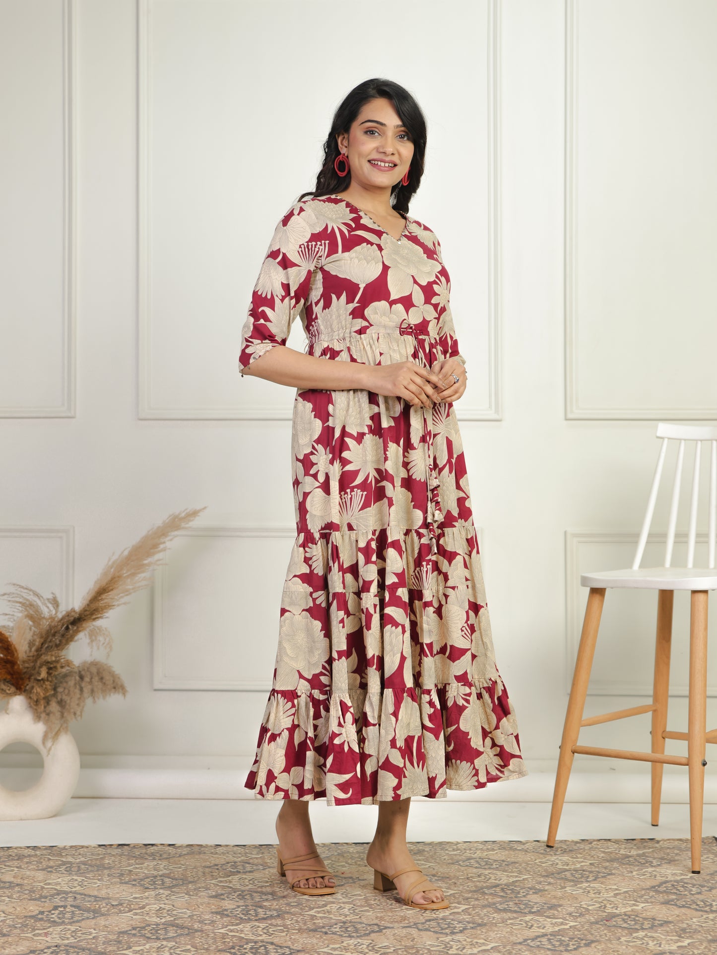 Soft Cotton Floral Tiered Maroon Dress