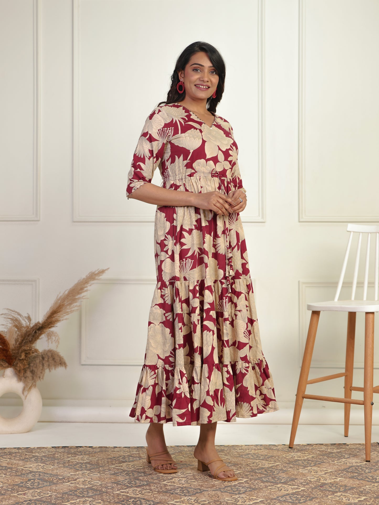 Embroidered Soft Cotton Floral Tiered Maroon Dress