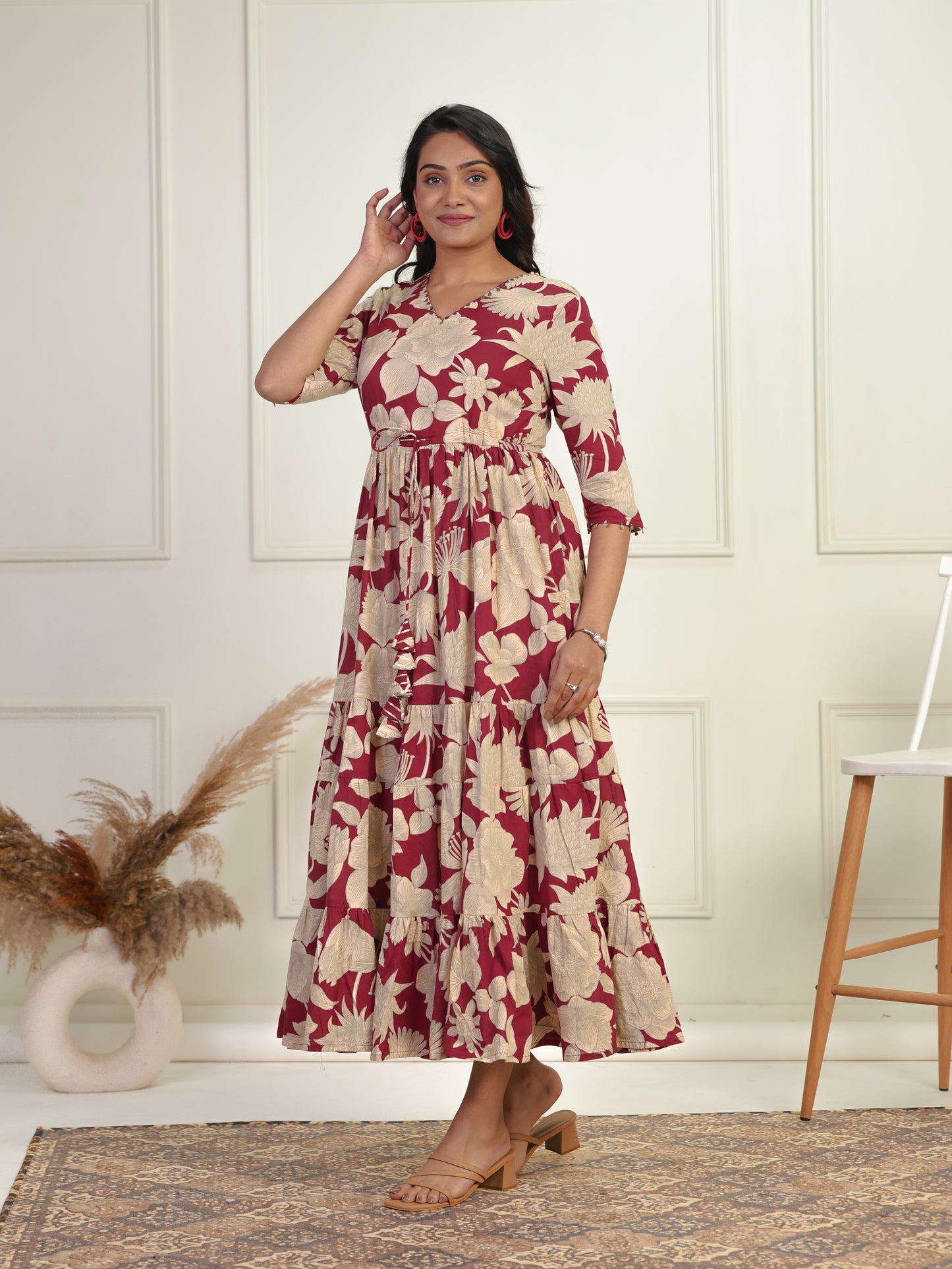 Embroidered Soft Cotton Floral Tiered Maroon Dress