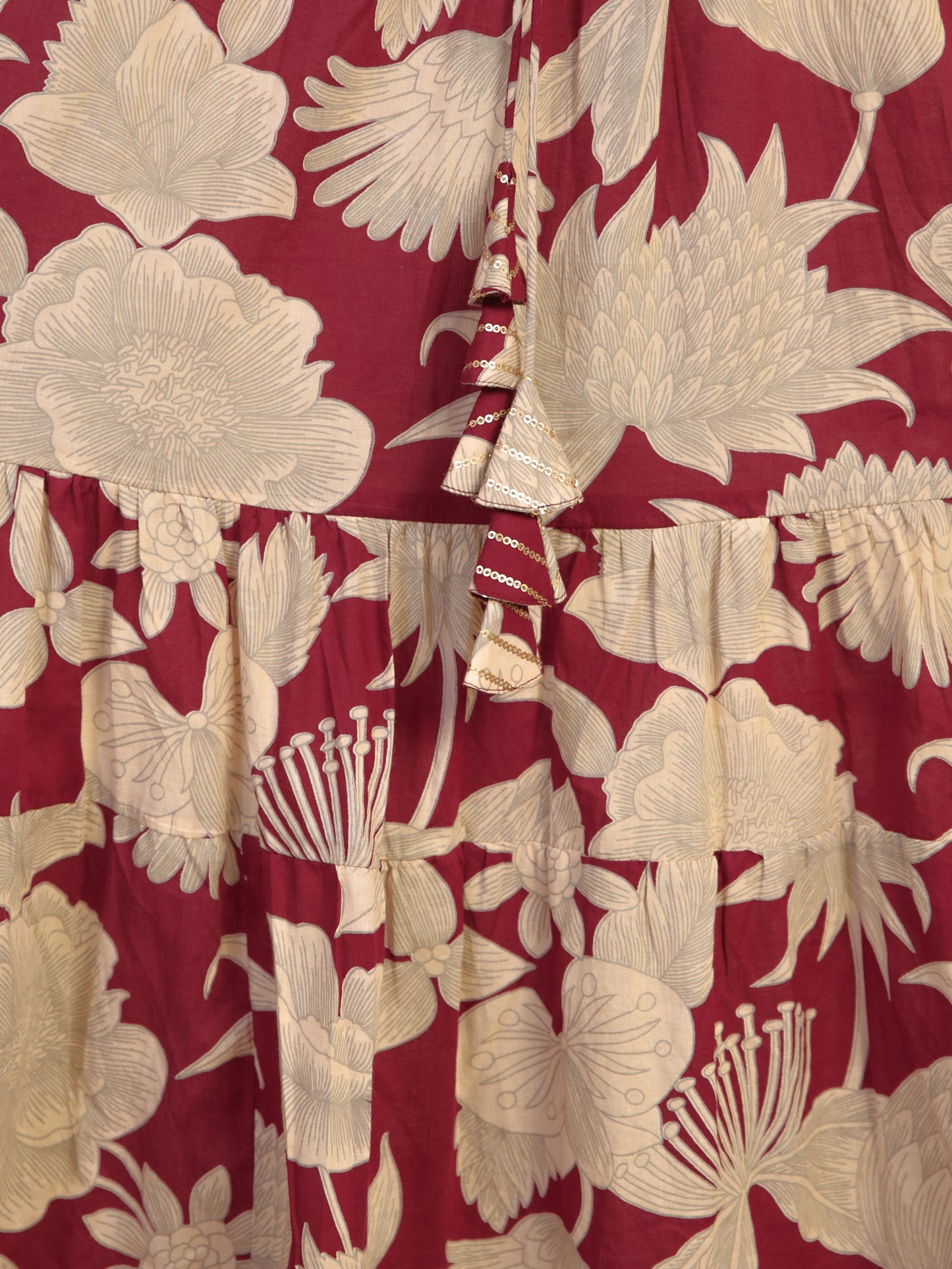 Embroidered Soft Cotton Floral Tiered Maroon Dress