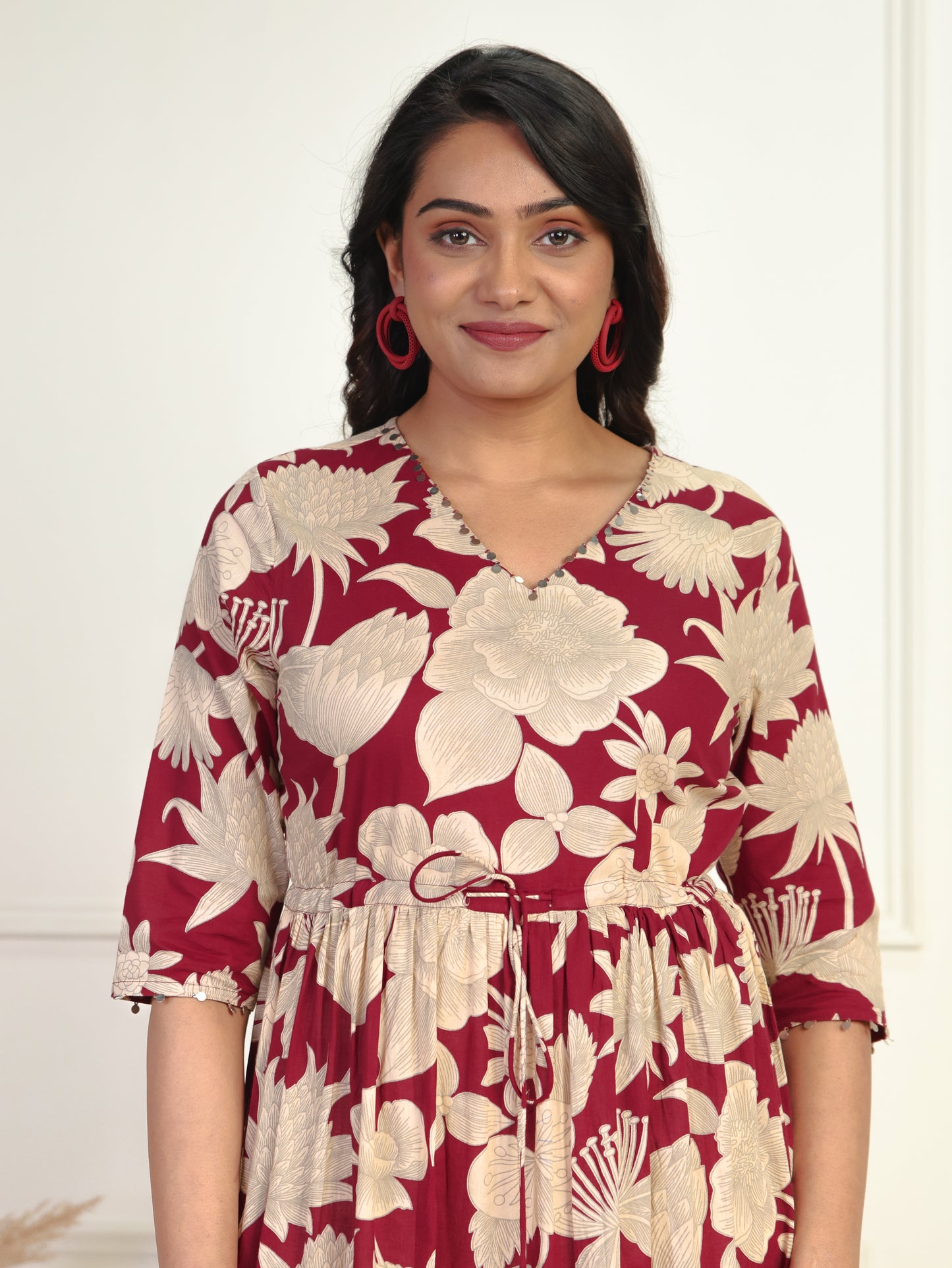 Embroidered Soft Cotton Floral Tiered Maroon Dress