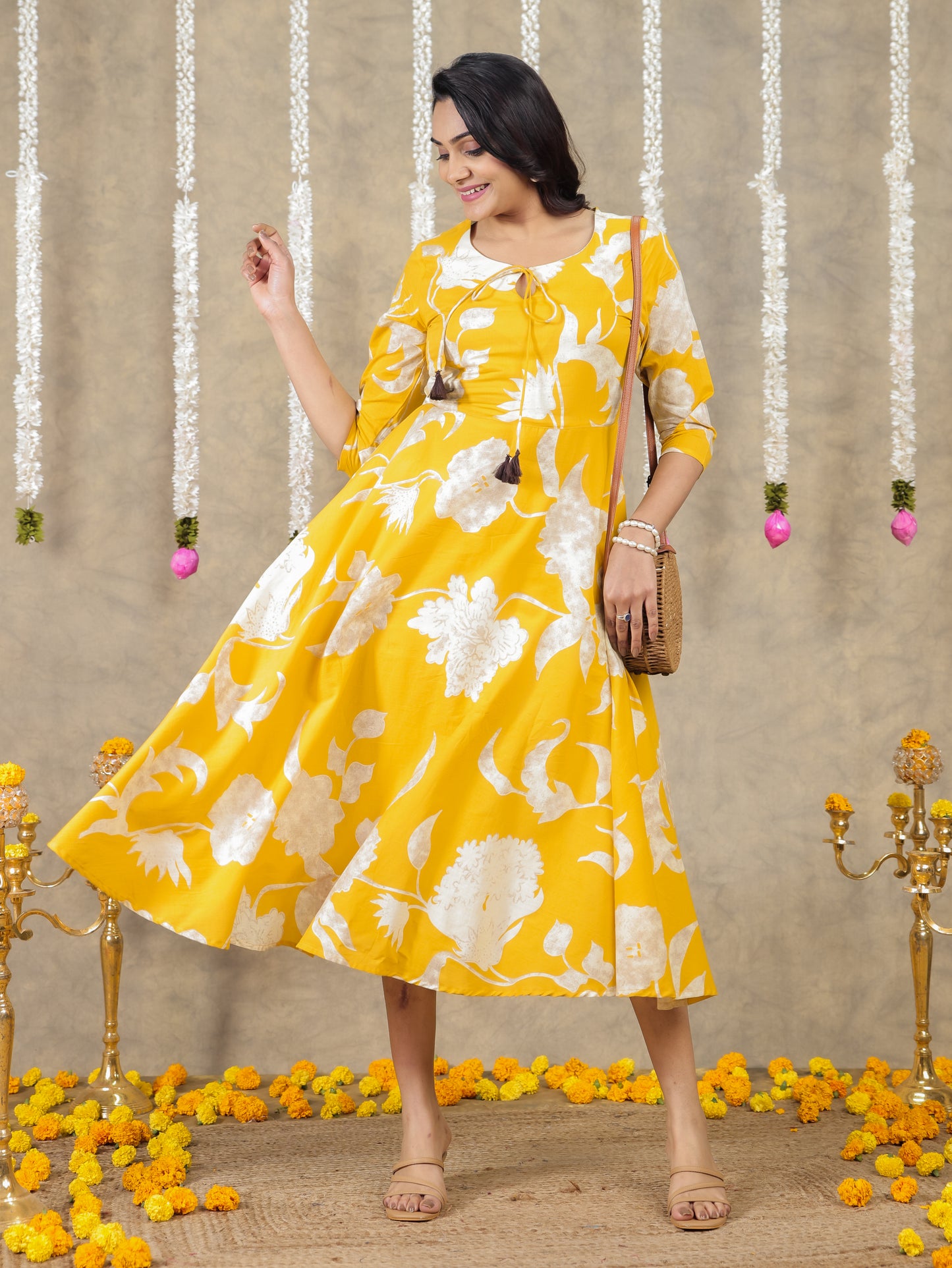 Soft Cotton Floral Anarkali Yellow Dress