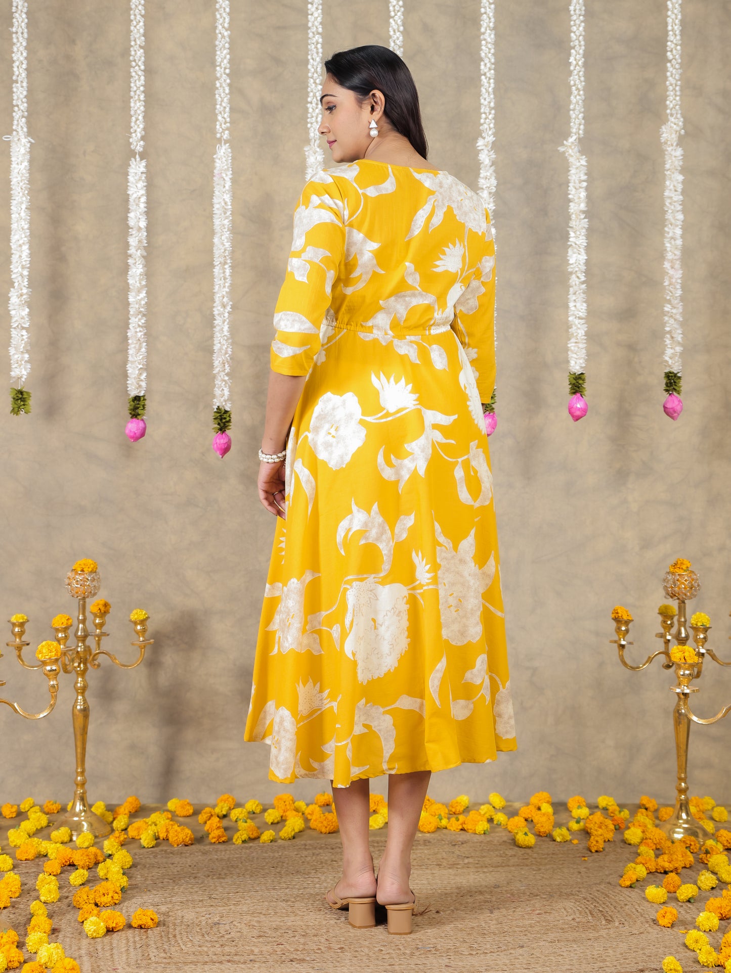 Soft Cotton Floral Anarkali Yellow Dress