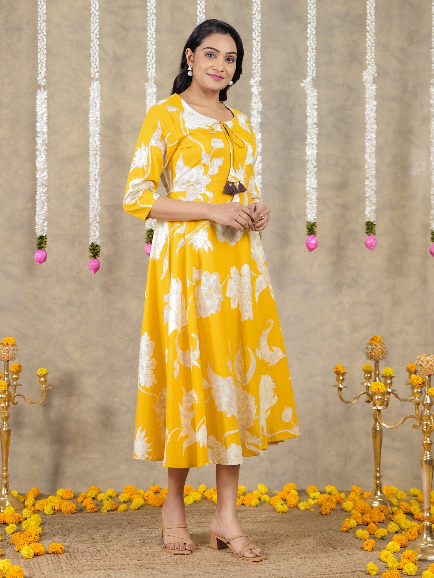 Soft Cotton Floral Anarkali Yellow Dress