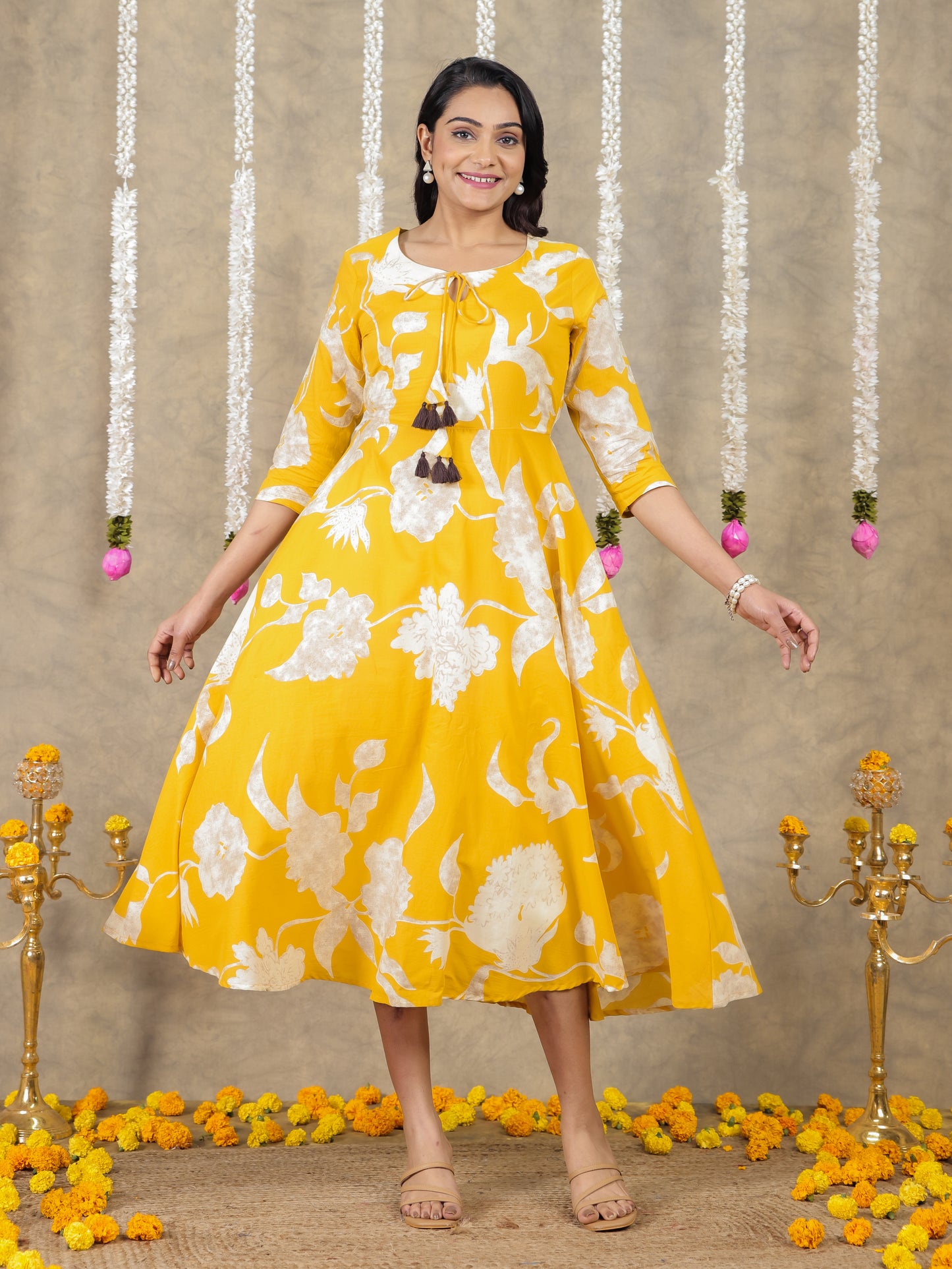 Soft Cotton Floral Anarkali Yellow Dress