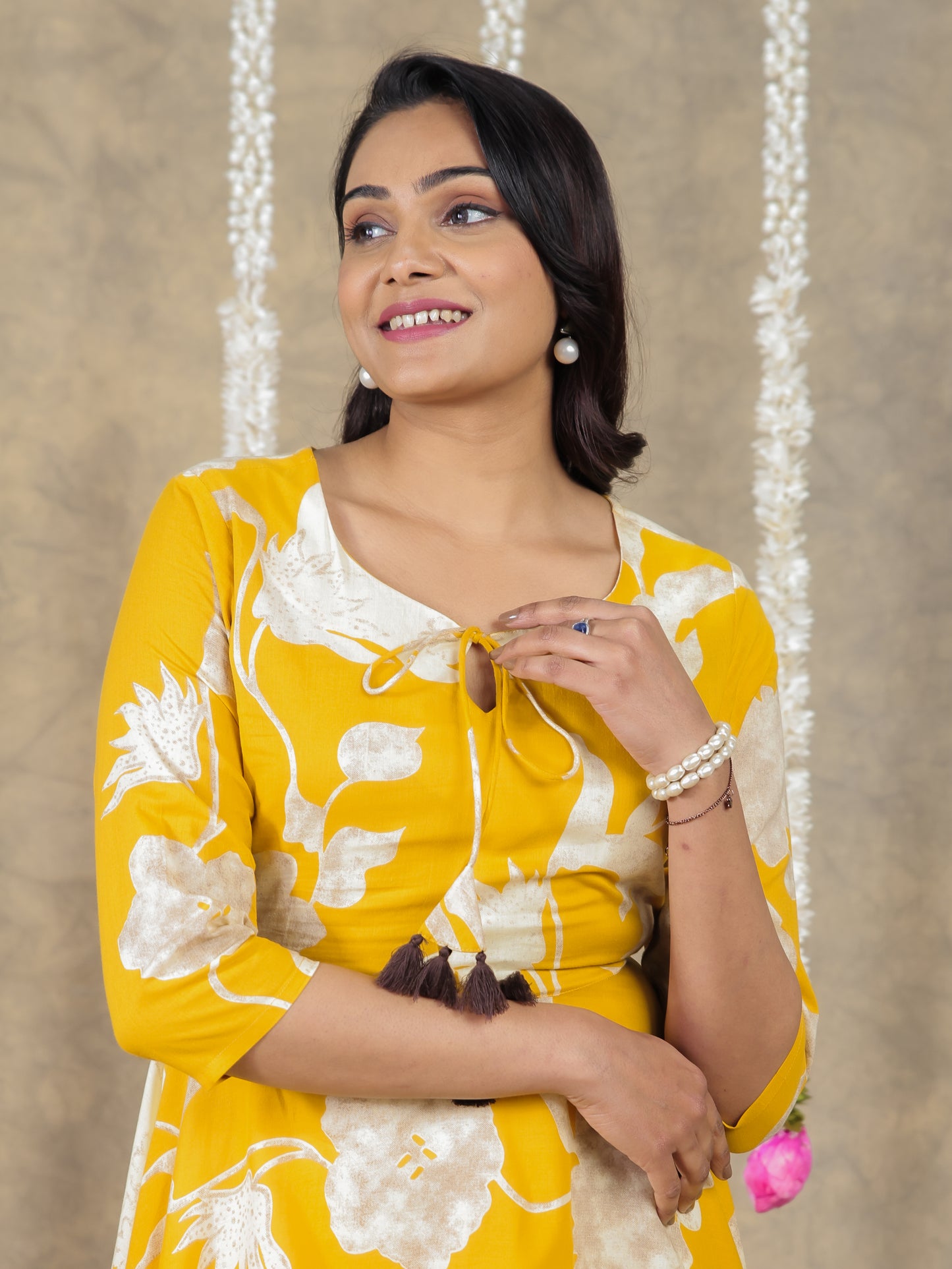 Soft Cotton Floral Anarkali Yellow Dress