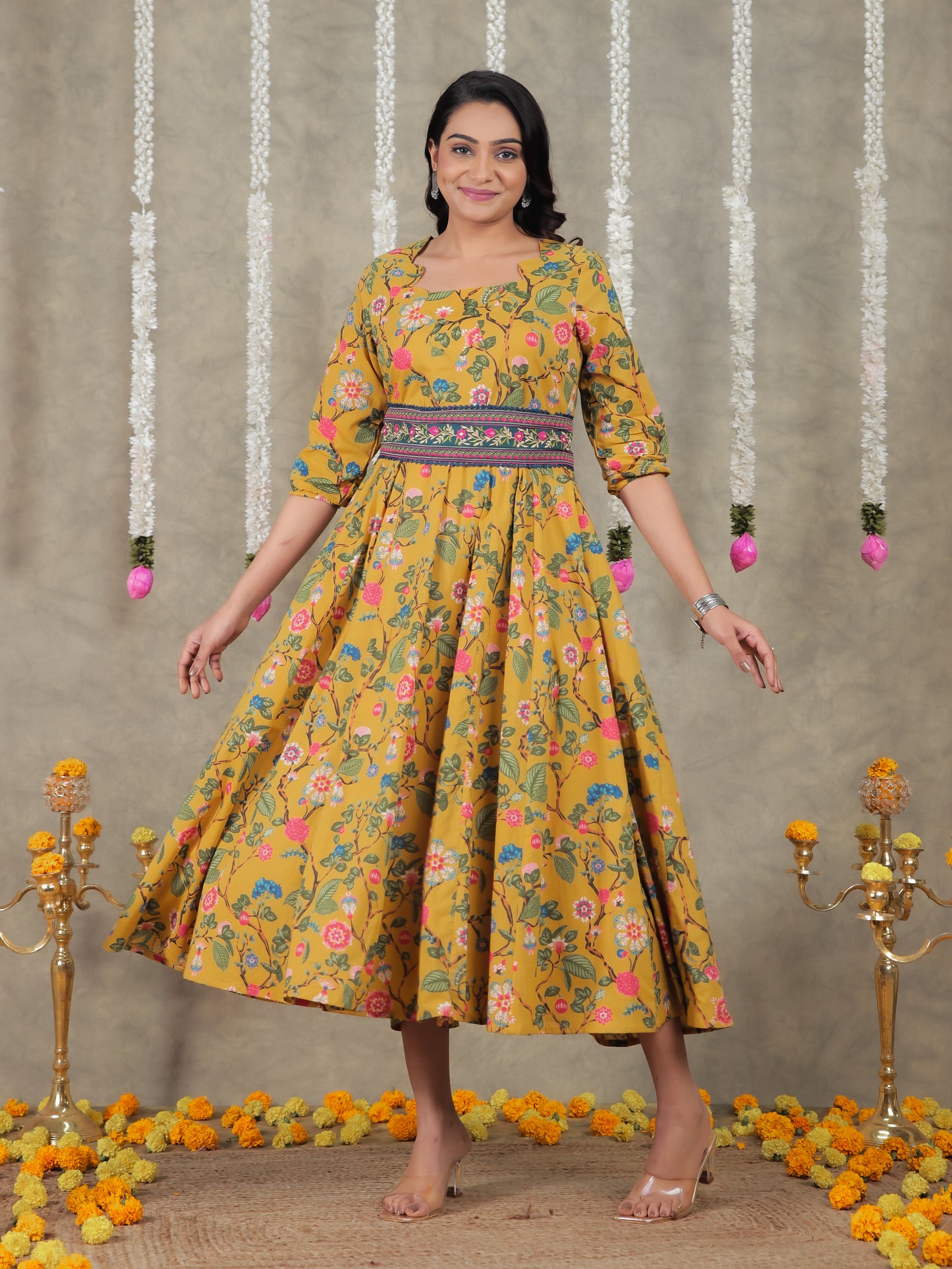Embroidered Soft Cotton Floral Flared Mustard Dress