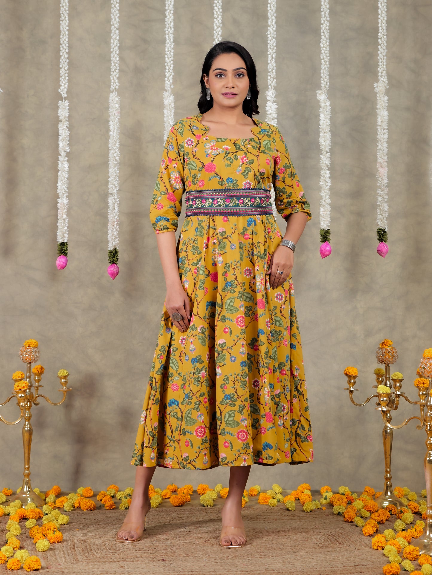 Embroidered Soft Cotton Floral Flared Mustard Dress