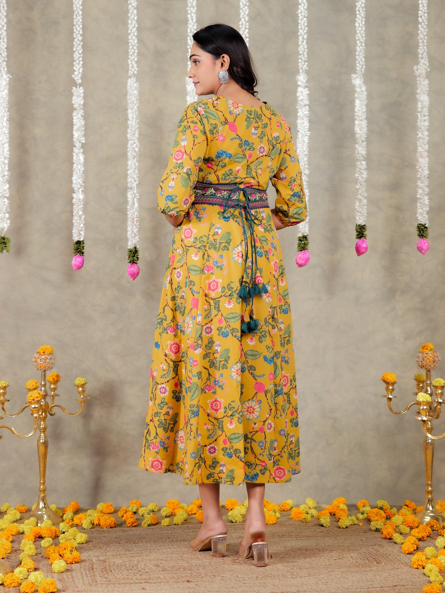 Embroidered Soft Cotton Floral Flared Mustard Dress