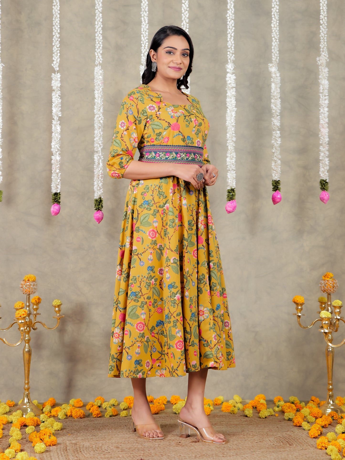 Embroidered Soft Cotton Floral Flared Mustard Dress